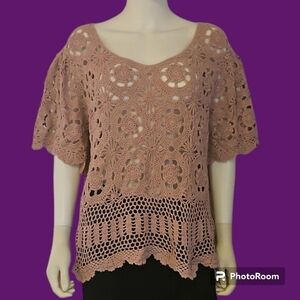 DENIM 24/7 Dusty Pink Open Crochet Boho Festival Top